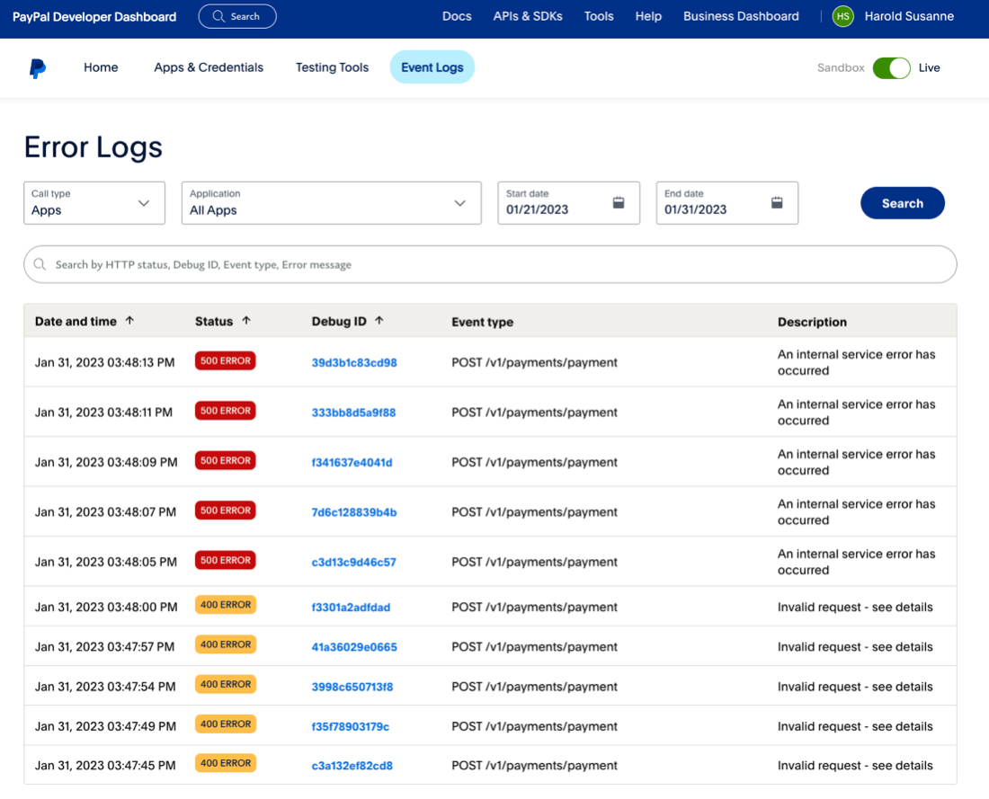 Screenshot of PayPal dashboard.