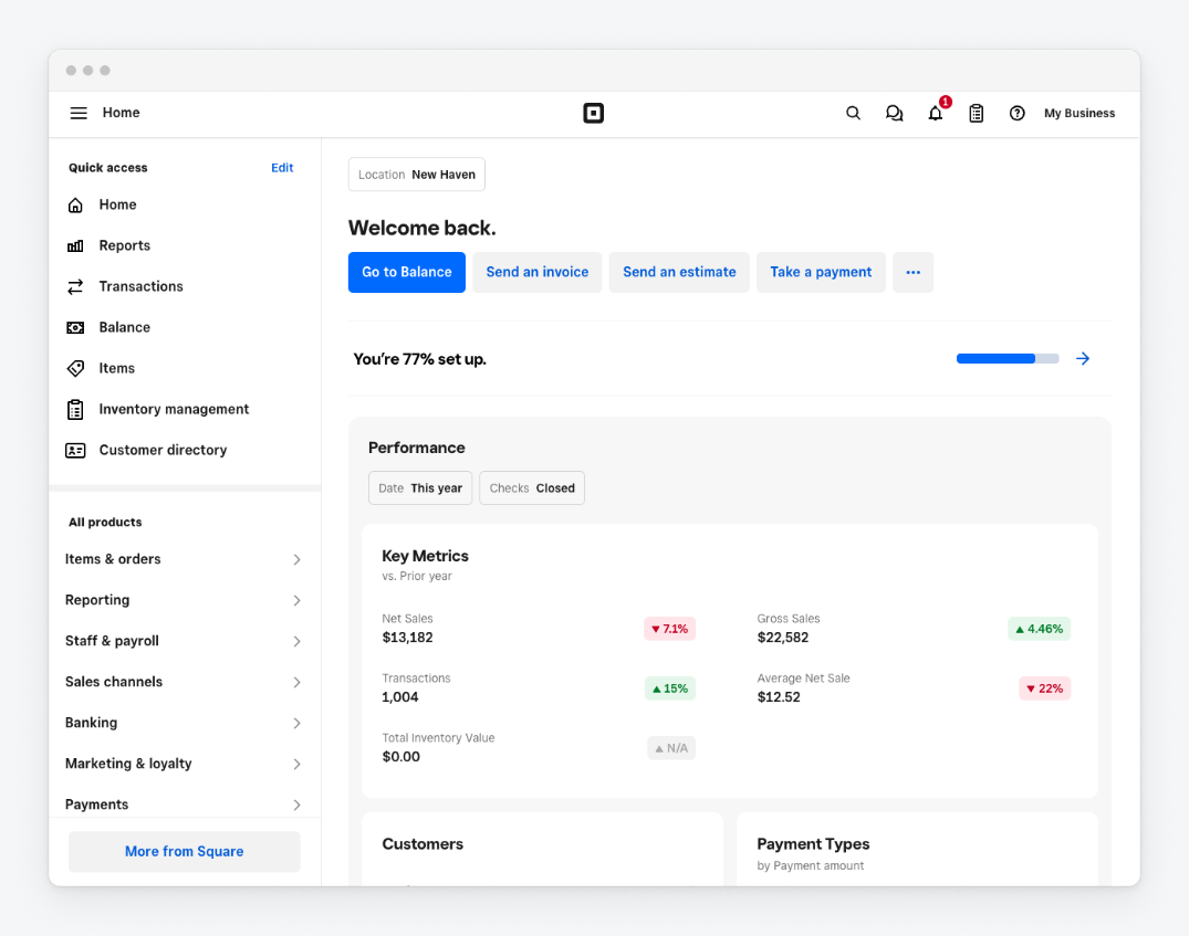 Screenshot of Square dashboard.