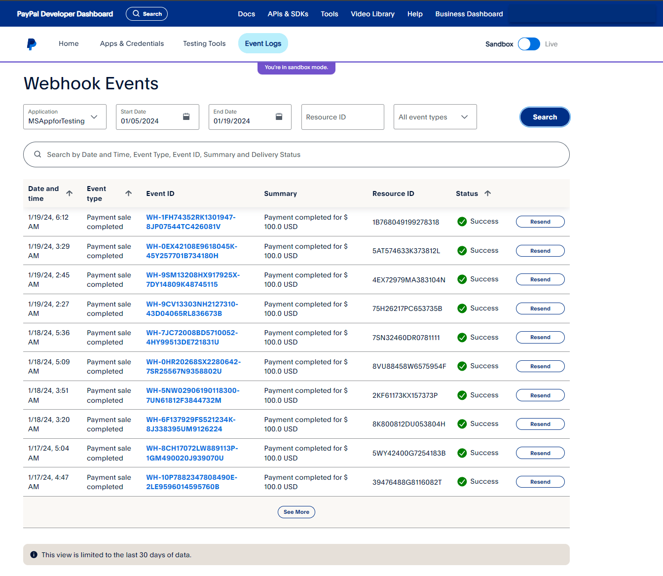 PayPal Webhook dashboard.