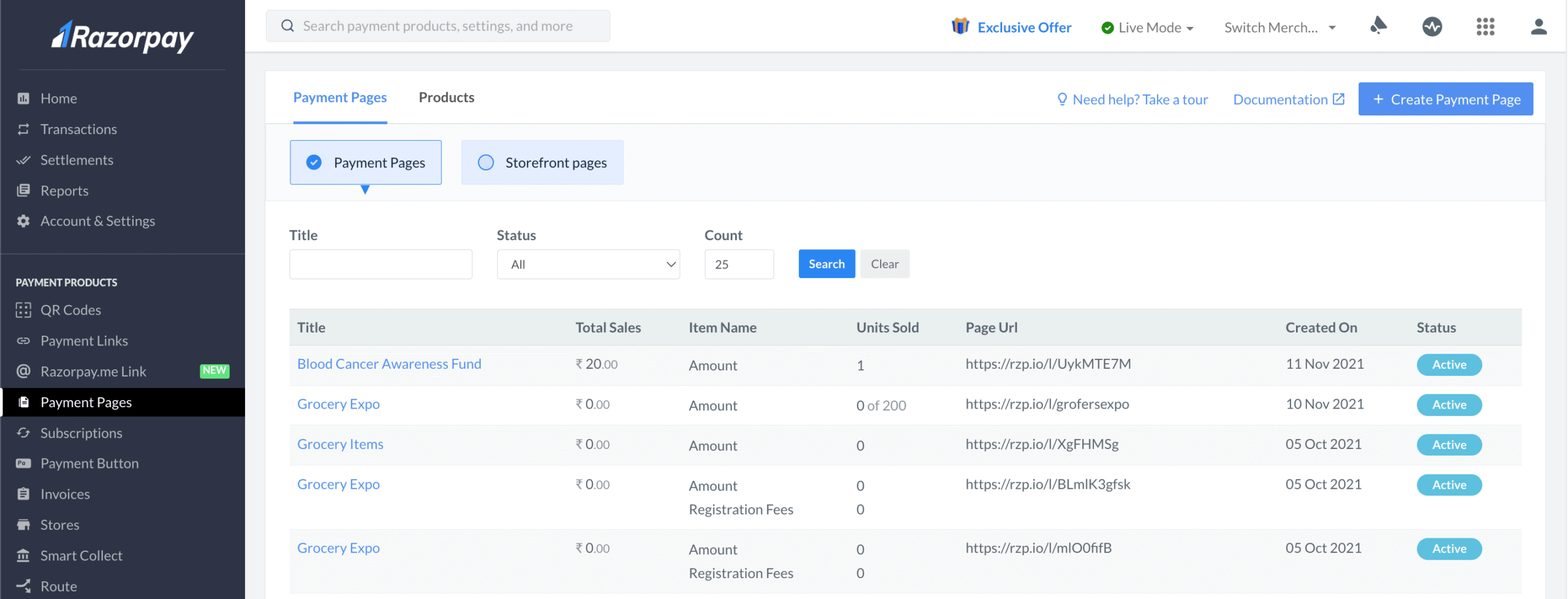 Razorpay dashboard.
