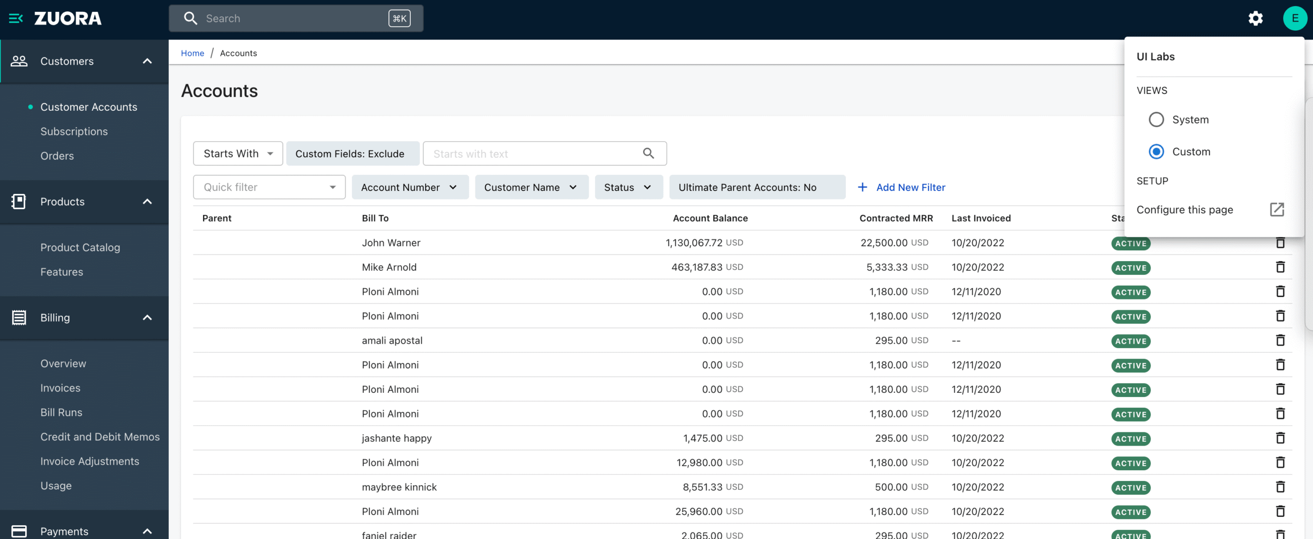 Zuora dashboard.