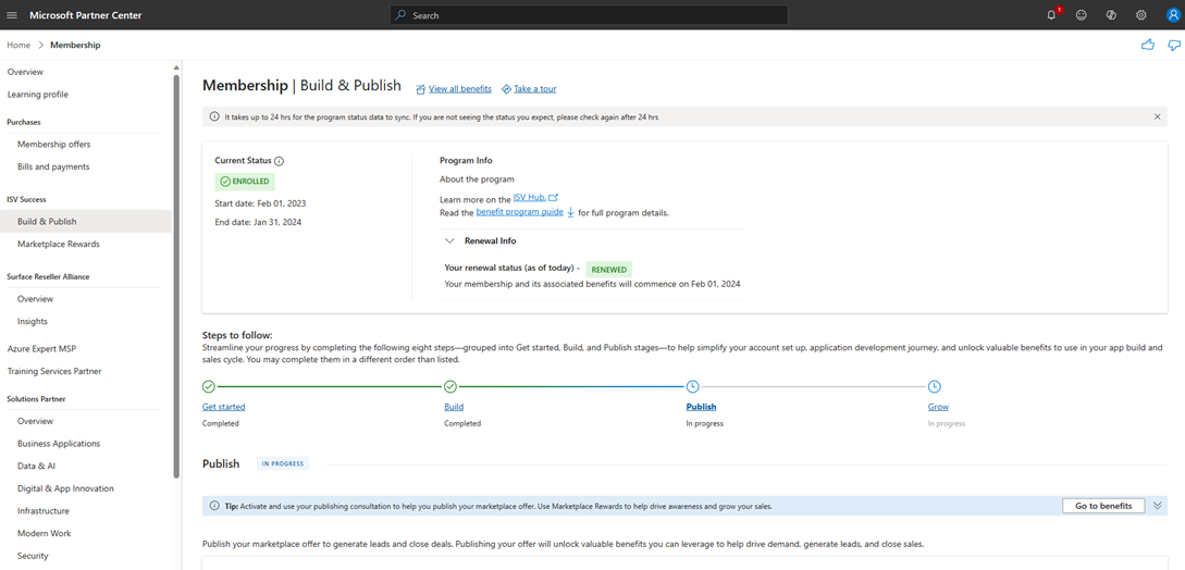 Microsoft ISV dashboard.