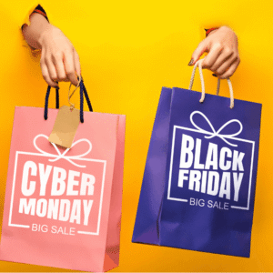 Black Friday & Cyber Monday shopping bag graphic.